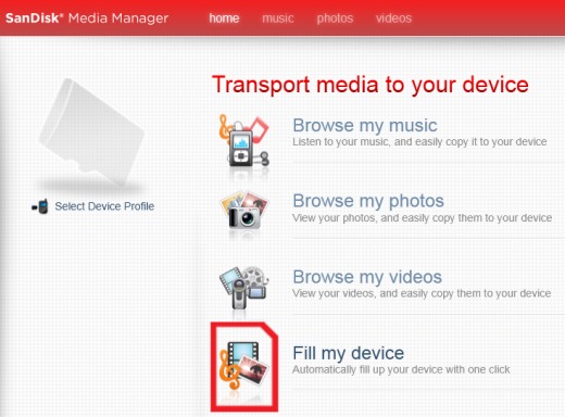 SanDisk Media Manager- home option