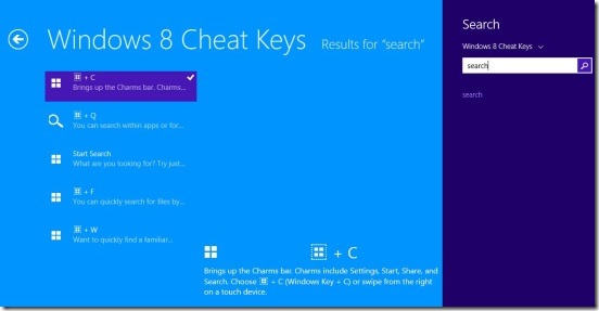 Windows 8 Cheat Keys - search