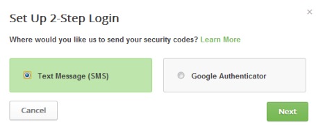 two factor authentication in Buffer- select text message option