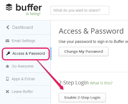 two factor authentication in Buffer- start the 2 step login process