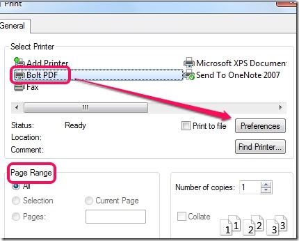 Bolt PDF Printer- printing preferences