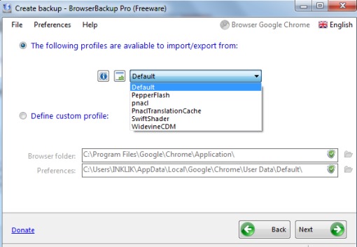 BrowserBackup- select a profile or define custom profile