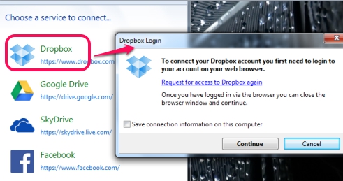 Cloud Explorer- login to Dropbox account