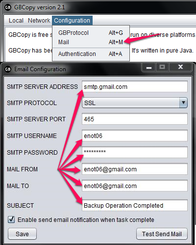 Free Cross Platform File Copy Utility - GBCopy - Email Notification Setup