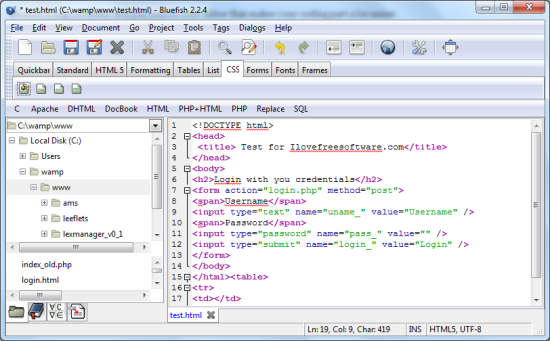 Free Source Code Editor - Bluefish - Interface