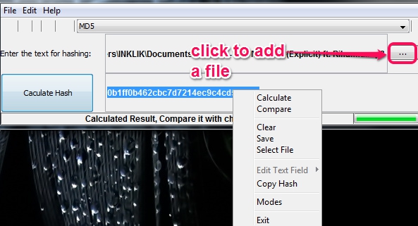 Hash Calculator- add a file and calculate hash