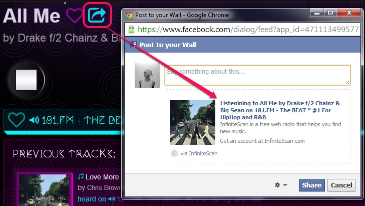 InfiniteScan- share song to Facebook