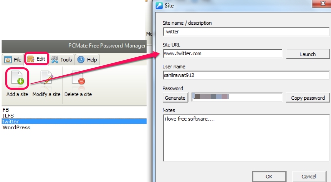 PCMate Free Password Manager- edit option to add a site