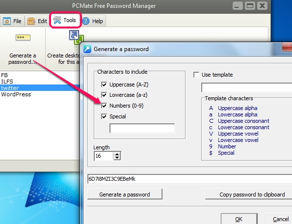 PCMate Free Password Manager- tools option