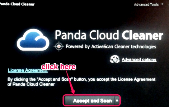 Panda Cloud Cleaner rescue USB drive- accept and scan button