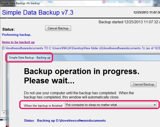 Simple Data Backup- backup in progress