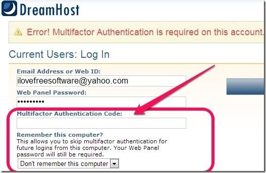 Two step authentication in dreamhost