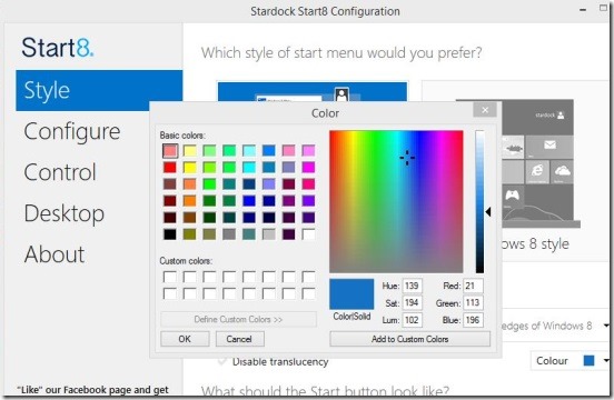 Windows 8 Customization - setting taskbar color in Start8