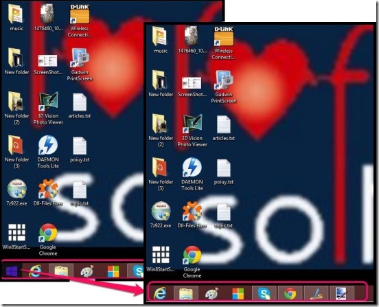 Windows 8 Tutorial - taskbar before and after removing the Start Button