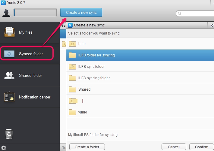 Yunio- create a sync folder