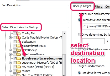 Back4Sure- select source and destination directory