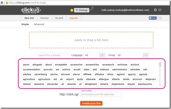 Clickug - page for creating customized link