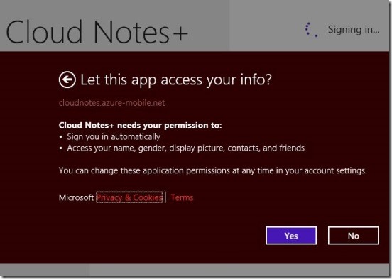 Cloud Notes  connecting with Live ID