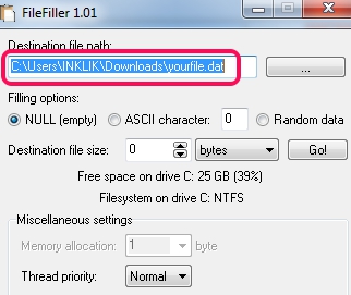 FileFiller- select dummy file destination location