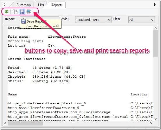 FileLocator Lite - search summary, hits, and report