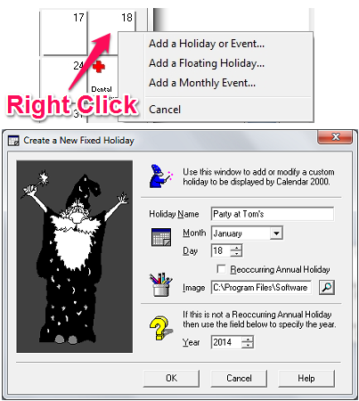 Free Calendar Application for Windows - Calendar 2000 - Adding an Event