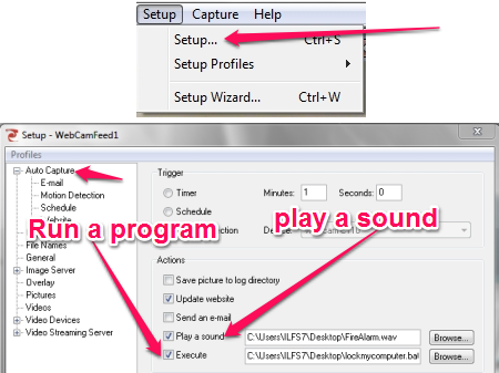 Free Webcam Surveillance Software - TinCam - Setting a Sound, Executing a program