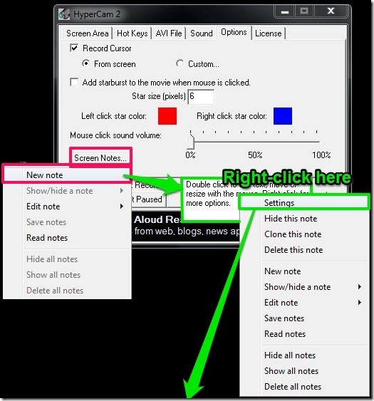 HyperCam Screen Notes and Settings Options