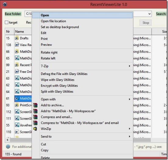 Recent Viewer Lite - opening Explorer context menu