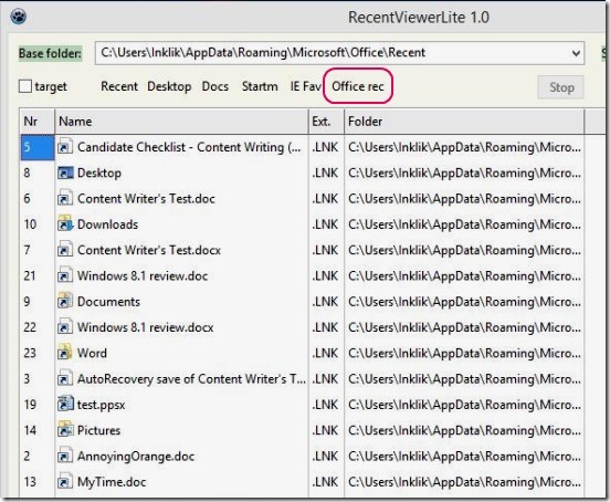 Recent Viewer Lite - recently opened MS offcie files
