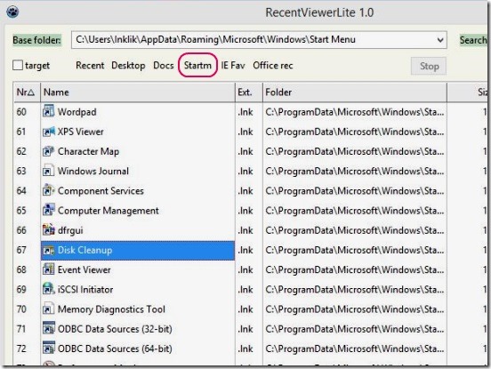 Recent Viewer Lite - shortcuts at start menu
