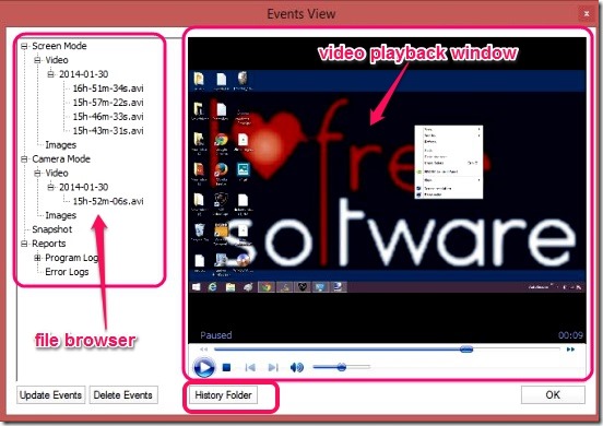 SGS VideoCapture Free - events view window