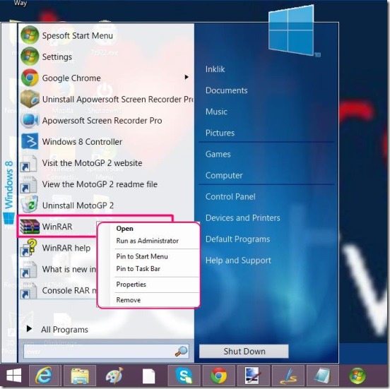 Spesoft Windows 8 start menu - pinning an option of the menu to taskbar
