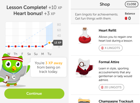 Duolingo results and Shop
