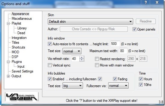XMPlay-audio player-settings window