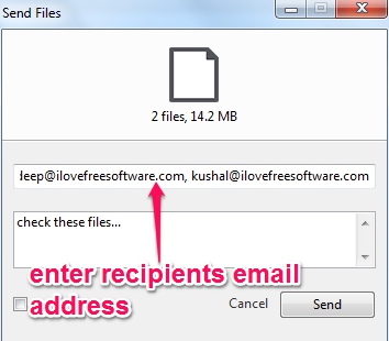 enter recipients email address to send files