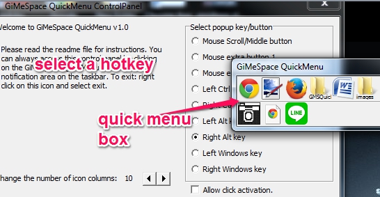 select hotkey to open quick menu box