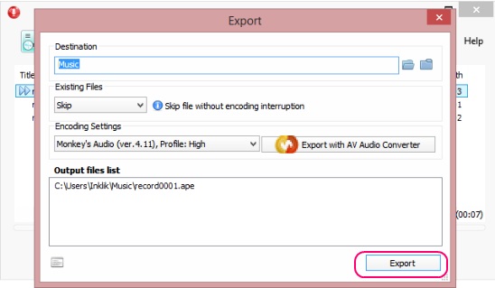 AV Audio & Sound Recorder - exporting recording
