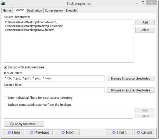 Backup Aider - choosing source folders, and applying file filters