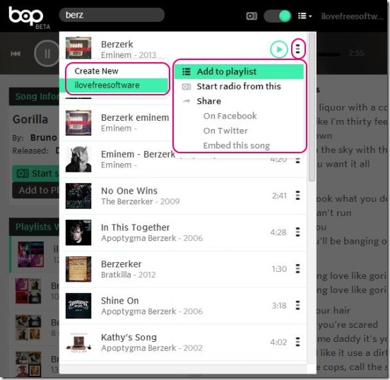 Bop.fm - searching a song and adding it to playlist