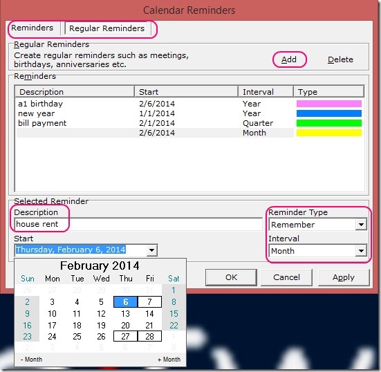 Desktop Calendar - adding reminder
