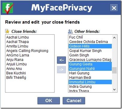MyFacePrivacy - adding friends to My close friends list
