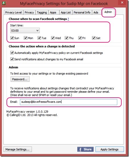 MyFacePrivacy - setting auto scan on and providing email address