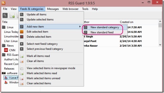 RSS Guard - adding new feed or category