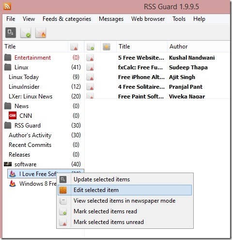 RSS Guard - editing feed by using it's context menu