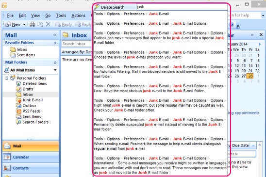 Ribbon Search - searching MS Outlook feature