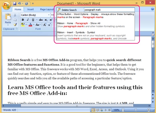 Ribbon Search - searching MS Word feature