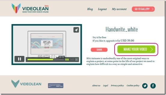 Videolean - previwing template and start creating advertisement