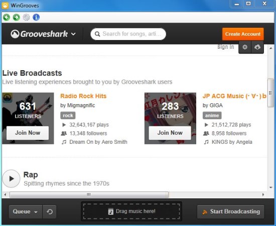 access Grooveshark homepage with WinGrooves