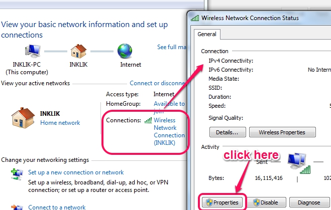 access network connection status window