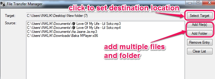 add files and folders to transfer